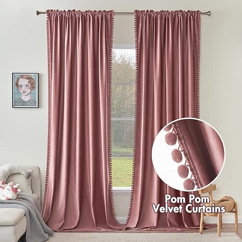 MIULEE Dry Rose Pink Pom Pom Velvet Curtains for Bedroom/Living Room Darkening Thermal Insulating 84 Inches Long Blackout Curtains with Rod Pocket for Girls Room/Nursery/Home Theater Set of 2