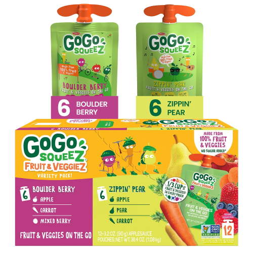GoGo squeeZ Fruit & veggieZ Applesauce and Puree Variety Pack, Boulder Berry and Zippin' Pear Snack Pouches Variety Pack, 3.2 oz, 12 pack