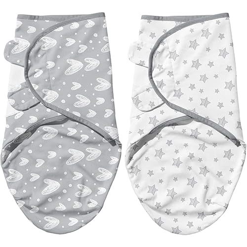 Biloban Baby Swaddles 0-3 Months for Boy Girls, Newborn, Organic Cotton Adjustable Blanket, Lovely Grey Print, 2 Pack