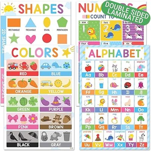 BEAWART 16'x24' Colorful ABC Alphabet Posters (Pack 4), Color Shape Number Chart for Classroom Decor, Educational Posters for Toddlers 1-3, Learning Chart for Preschoolers, Homeschool Supplies, Double Laminated