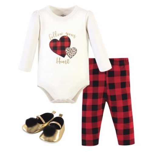 Little Treasure Baby Girl Cotton Bodysuit, Pant and Shoe 3pc Set, Buffalo Plaid Heart, Size: 0-3 months