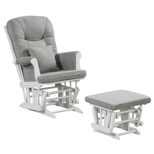 Angel Line Monterey Glider & Ottoman, White Finish - Grey Cushion