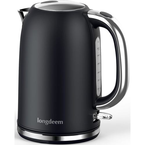 Electric Tea Kettle for Boiling Water, Wide-Open Lid Stainless Steel Water Boiler, 1500W/1.7L for Coffee/Tea Brewing, Auto Shut-Off & Boil-Dry Protection, Cordless Swivel Base & LED Indicator, Black - Matte Black