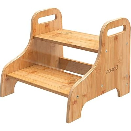 Wood Step Stool for Kids, 2 Step Stool with Bonus Safety Non-Slip Mats and Handles, Reinforced Bamboo Step Stool Holds 270 lbs, Wooden Step Stool for Kids and Adults (Natural)