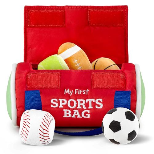 Kidaddle Baby's First Sports Bag: Plush Sensory Balls for Baby, Toddler Sports Bag with Rattling Football, Squeaky Soccer Ball, Crinkle Baseball Toy and More!