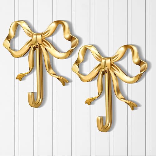 2 Pcs Christmas Wall Decor Gold Bow Knot Hooks Brass Bow Wall Hooks Door Hanger Towel Hooks Brass Coat Hooks Decorative Hooks for Christmas Bathroom Living Room Kitchen Decor (L)