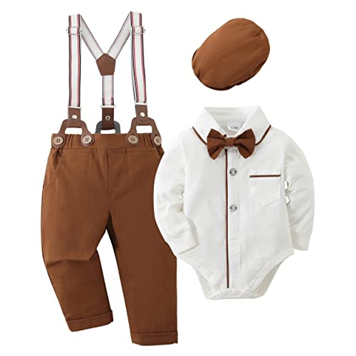 CARETOO Baby Boy Clothes Suits Infant Gentleman Outfit Formal Dress Shirt Suspender Pants Bowtie Beret Hat Wedding Set 0-18 M