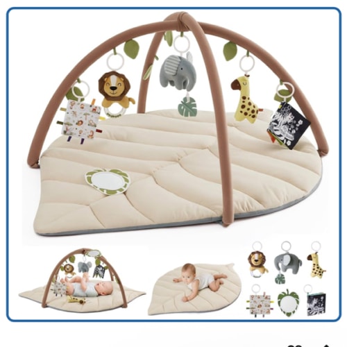 Blissful Diary Baby Play Gym & Activity Mat, Leaf Shaped Baby Tummy Time Play Mat with 6 Detachable Toys, Promotes Motor Skills & Sensory Development, Newborn Baby Essentials Gift, Oatmeal Beige