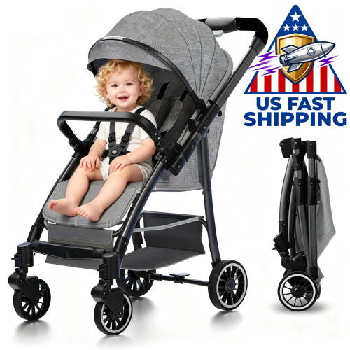 Folding Travel Stroller, Two-Way Baby Stroller, Newborn Stroller W/All-Scene Large Wheels,Lightweight & Compact Stroller ,Storage Basket, Multi-Position Recline & Convenient One-Hand Fold