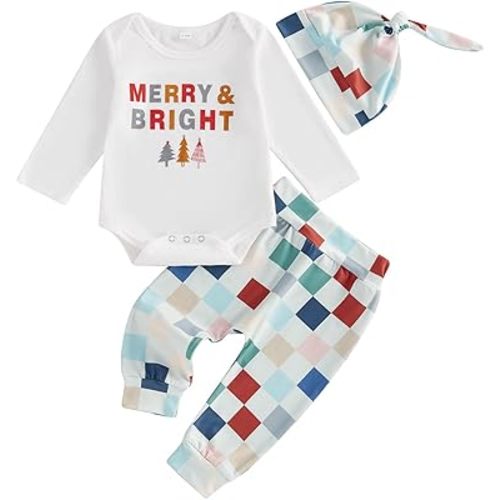 Muasaaluxi Newborn Baby Girl Boy Christmas Outfit Long Sleeve Letter Print Romper Plaid Long Pants Hat 3Pcs Clothes Set