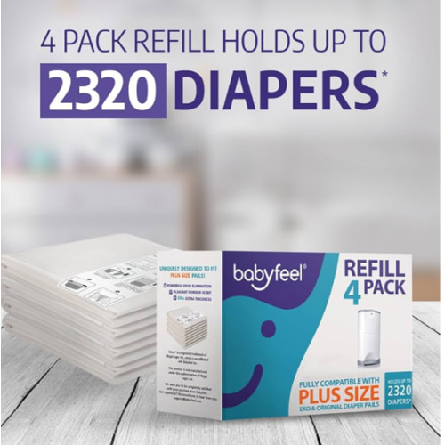 Babyfeel Refills Compatible with DEKOR PLUS Diaper Pails | 4 Pack | Exclusive 30% Extra Thickness | Diaper Pail Refills with Powerful Odor Elimination | Fresh Powder Scent | Holds up to 2320 Diapers