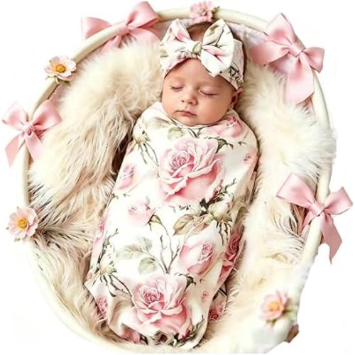 Galabloomer Newborn Receiving Blanket Headband Set Baby Flower Swaddle