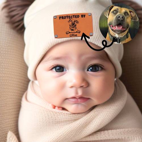 Custom Pet Portrait Protected By Baby Toddler Beanie with Vegan Leather Patch for Boy Girl, Personalized Baby Puppy Beanies with Name