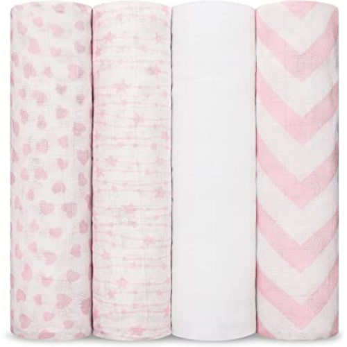 Comfy Cubs Muslin Swaddle Blankets (Pack of 4) - 47” x 47”, Soft Cotton Baby Blanket Set, Large Swaddling Wraps for Newborns - Self-Soothing Baby Swaddle - (Pink)