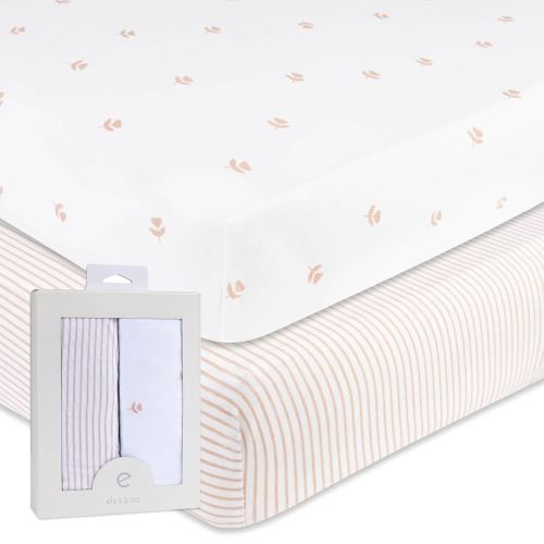 Ely’s & Co. Pack and Play Sheets, for Mini/Portable Crib, 2 Pack Fitted Playpen Play Yard Sheet Set Compatible with Graco Pack n Play, for Baby Girls, 100% Cotton, Pink Tulips and Stripes, 38”x24”x5”