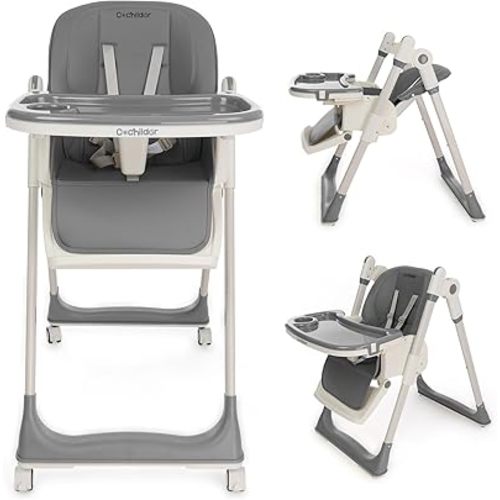 3-in-1 Foldable High Chair for Babies & Toddlers – Adjustable Height, Reclining Seat, 5-Point Safety Harness, Removable Tray, Lockable Wheels, Washable Cushion – Portable & Easy Clean, Grey