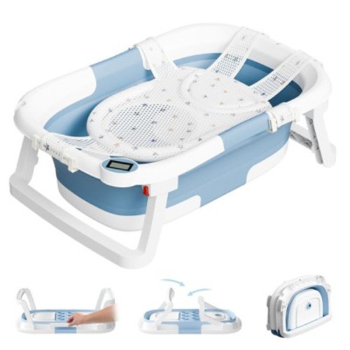 TUMAJUP Collapsible Baby Bathtub for Infants and Toddlers with Bath Net and Thermometer-Pale Blue