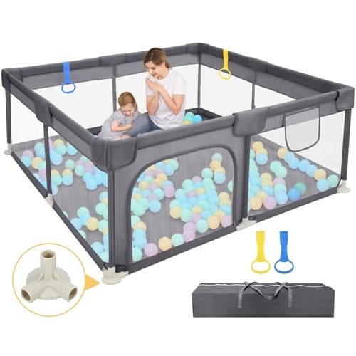Dripex Baby Playpen, 52"×52" Play Pens for Babies and Toddlers, Safe Anti-Fall Play Yard with Gates, Baby Fence with Breathable Mesh, Indoor & Outdoor Kids Activity Center, Anchor Grey