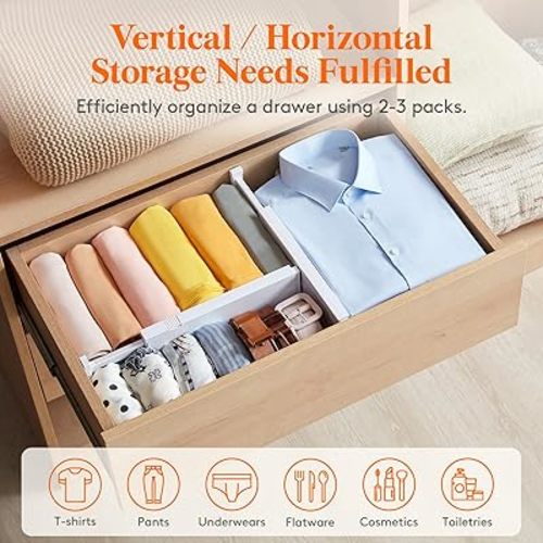 Lifewit 9 Pack Drawer Dividers 4" High, 11-17" Adjustable Drawer Organizers for Clothes, Expandable Dresser Separators in Bedroom/Bathroom/Kitchen/Fridge/Office Organization and Storage, White