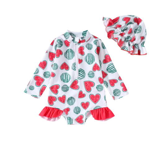 Penkiiy Infant Baby Girl Swimsuit One-Piece Long Sleeve Rash Guard with Hat Set Zipper Bathing Suit Watermelon Beach Wear 0-3Y Red
