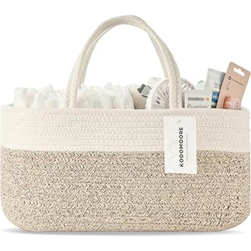 Kodomoore Diaper Caddy Organizer, Baby Storage Basket, Nursery Bin and Car Organizer for Diapers, Gift Basket for Baby Shower List or Newborn Essentials, Boys and Girls - White and Beige Brown