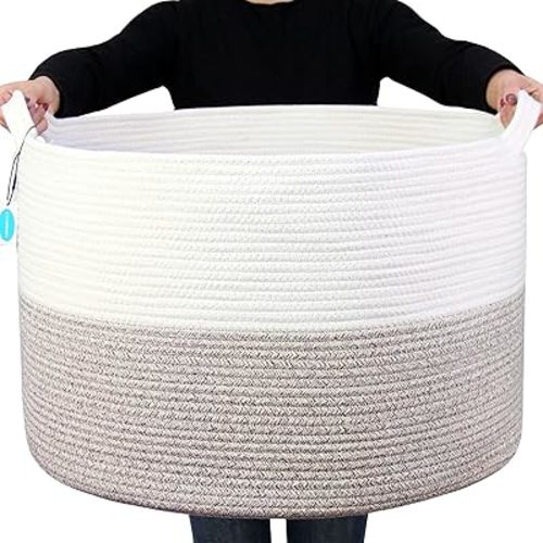 Casaphoria XXL Cotton Rope Basket - 21.7" x 21.7" x 13.8" Woven Laundry Hamper with Handle