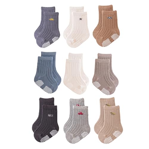 J Poqobog Baby Crew Socks,Grips Combed Cotton Socks Toddler Non-Skid for Girls,Boys Non Slip/Anti Skid 9-Pack