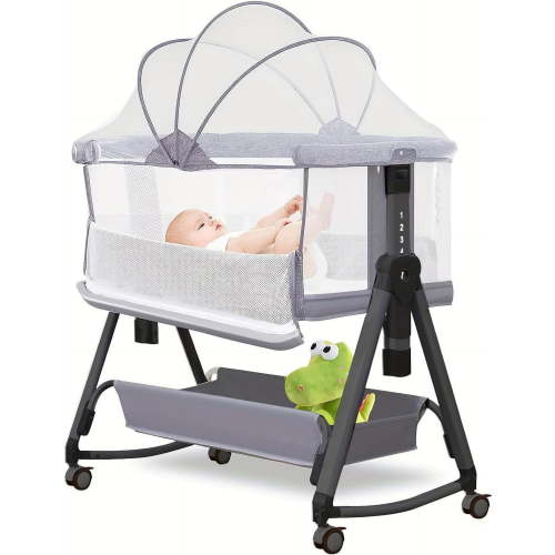 MEICHYUN Baby Bassinet,Wfith Storage Basket, Foldable,7 Stall Height Adjustment, for Babies Aged 0-6 Months, Gray