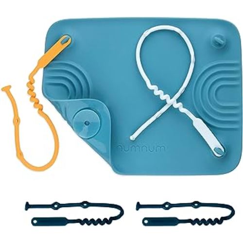 NumNum Silicone Placemat w/Pincer Grasp Grooves for Toddlers, Baby, & Kids - 4 Attachable Tethers & Built-in Suction Cups - Easy to Clean - Non-Slip for High Top & Dining Table w/Travel Bag - Blue