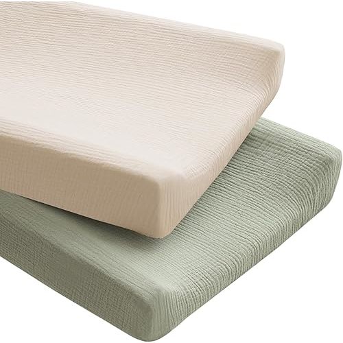 Konssy 2 Pack Muslin Changing Pad Covers for Boys, Ultra Soft & Breathable Cotton Baby Diaper Changing Table Covers, Neutral Nursery Diaper Changing Pad Sheets (Fog Green,Cream)
