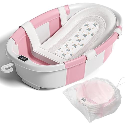 Collapsible Baby Bathtub with Soft Cushion and Thermometer, Newborn to Toddler Tub 0-36 Months with Toy Storage Mesh Bag, Portable Travel Bath for Infants (Pink)