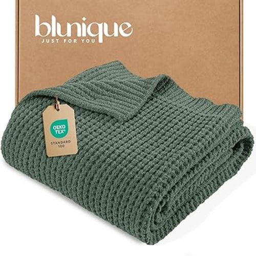 Waffle Knit Throw Blanket, Luxury Cozy Chunky Knit Throw Blanket for Couch, 50 x 60 Inch Thick Ultra-Soft Feather Yarn Knitted Blanket for Sofa, Bed, Home Decor - Sage