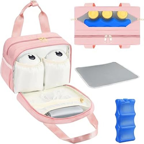 PIIOSER Breastmilk Cooler Bag with Ice Pack, Compatible with Wearable Breast Pumps & Accessories - Portable Pumps Carrying Case for Nursing & Working Moms, Pink