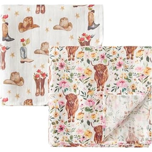 ittle Jump Muslin Swaddle Blankets for Boys Girls, 2 Pack Receiving Baby Blanket Large 47 x 47 inches, Soft Breathable Swaddling Wrap for Unisex Newborn (2 Pack Cow Girls)