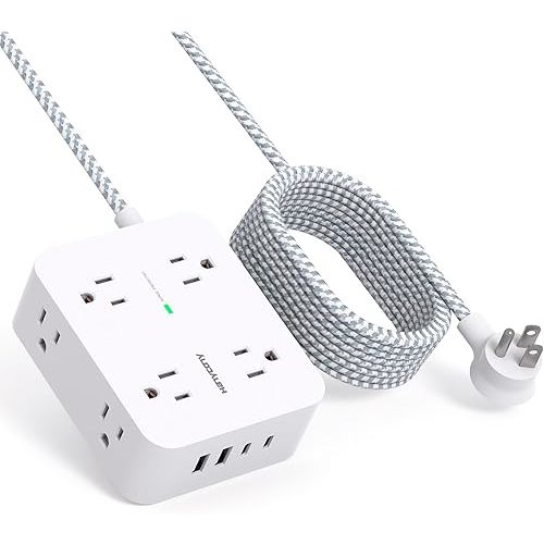 10 Ft Surge Protector Power Strip, HANYCONY Extension Cord with 8 AC Outlets 4 USB (2 USB C) Ports, Flat Plug, Wall Mount Desk USB Charging Station for Home