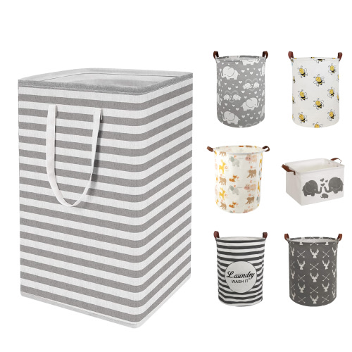 Furrygo Large Laundry Basket, Waterproof Canvas Laundry Hamper, Collapsible Storage Basket Bin for Kids Room, Toy Organizer, Nursery Hamper, Clothes Hamper, Gray Stripes