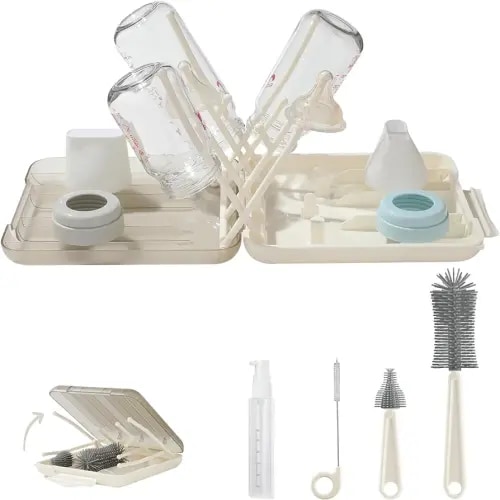 6 in 1 Bottle Cleaning Brush Set with Silicone Bottle Brush, Nipple Brush, Straw Brush, Soap Dispenser, Drying Rack for Baby Bottle and Water Bottle, Space Saving Baby Essentials for Home and Travel