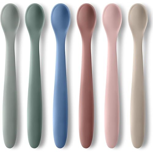 6-Piece Silicone Baby Feeding Spoons for First Stage Infant, Soft-Tip Easy on Gums I Training Spoon Self | Baby Utensils Feeding Supplies, Dishwasher Safe & Boil-proof