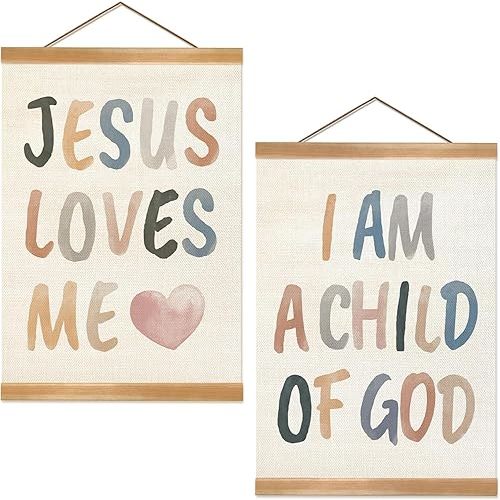 Kids Wall Art Set of 2-Jesus Loves Me I Am a Child of God,Christian Religious Bible Verse Wall Hanging for Nursery, Kids Room, Girls and Boys Room, Boys Girls Bedroom, Playroom, Classroom Poster Decor
