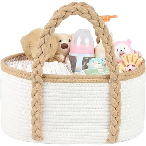 Baby Diaper Caddy, Portable Diaper Organizer for Changing Table, Car Travel Baby Shower Gifts Newborn Essentials, Cotton Rope Nursery Storage Basket for Boys Girls (White&Khaki)