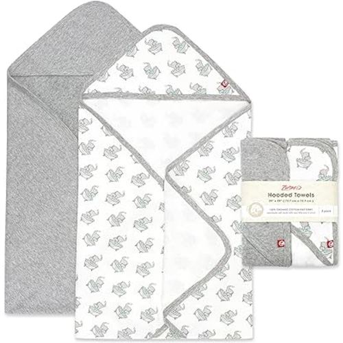 Zutano Hooded Baby Towels, Organic Cotton Baby Bath Towel, Ultra Soft and Absorbent Baby Towel for Newborn and Infant | Girl, Boy, and Unisex Towel Set, Elephant Bath Time, 2-Pack