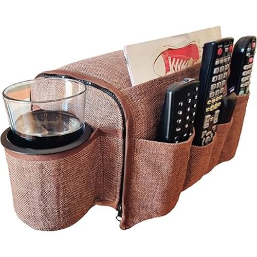 Couch Caddy Remote Control Holder - Armchair Caddy Armrest Organizer Recliner Cup Holder Non Slip Arm Chair Couch Cup Holder 6 Storage Pockets wt Drink Caddie (6 Inches, Chocolate Brown)