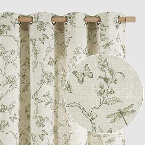 Lazzzy Green Floral Linen Farmhouse Curtains 84 Inch Length Drapes for Living Room Bedroom Pattern Light Filtering Country Vintage Curtain Grommet Top, 2 Panels, Green on Beige
