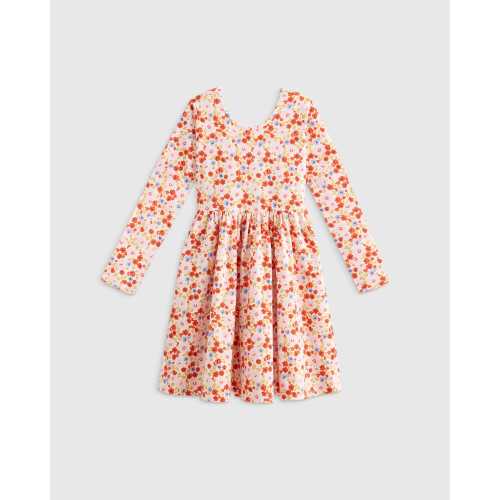 Organic Cotton Long Sleeve Skater Dress  in Pink Poppy Floral