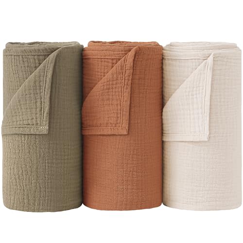 Bearmoss Muslin Swaddle Blankets 100% Cotton Large Baby Swaddle Blankets 47x47in, Super Soft Breathable Receiving Blankets for Unisex Baby Boys Girls (3Pack Nutty Sauce)
