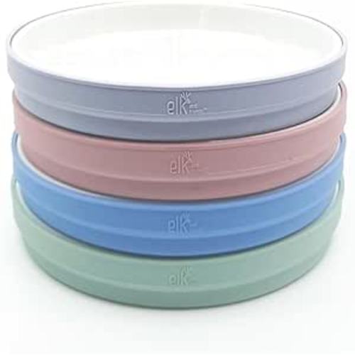 Elk and Friends Kids 7.8” Porcelain White Plates with Silicone Sleeves | Suitable for Kids/Toddlers | Microwave & Dishwasher Safe | Non Slip | Snack Dishes