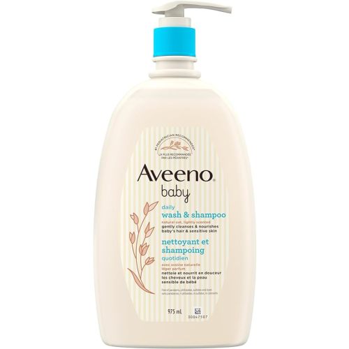Aveeno Baby Wash and Shampoo - Gentle 2-in-1 Body Wash with Natural Oat Extract for Sensitive Skin - Tear-Free, Hypoallergenic Cleanser, Free from Parabens, Sulfates & Dyes - 975ml