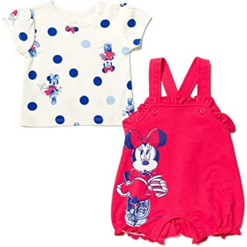 Disney Minnie Mouse Winnie the Pooh Baby Girls French Terry Short Overalls and T-Shirt Newborn to Infant