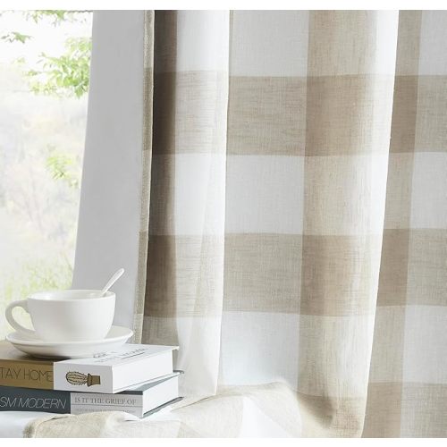 Buffalo Plaid Full Blackout Window Curtains 84 Inches Long Checkered Grommet Panels Farmhouse Geo Energy Efficient Drapes Noise Reducing Thermal Window Treatment Set for Bedroom Tan White,40"x84"x2