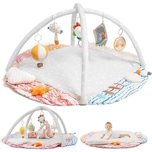 Baby Gym Play Mat, Tummy Time Mat & Pillow, Stage-Based 4 Zone Sensory & Motor Skills Development, Activity Mat with Learning Cards, Washable & Non-Slip, Play Mat for Baby to Toddler, Grey Rainbow